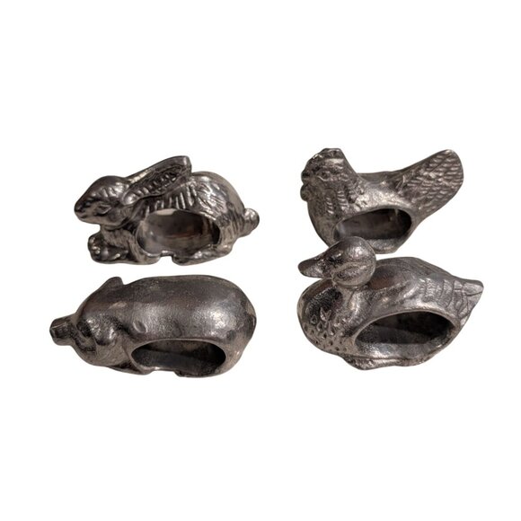 Vintage Shafford Pewter Animal Napkin Rings Set 10 Ducks Rabbit Hen Pig - Picture 3 of 16